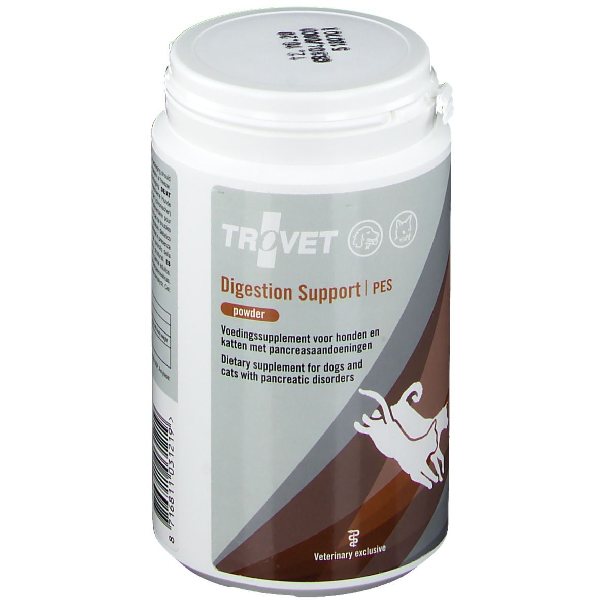 Weiße Dose mit TROVET-Etikett. Aufschrift: Digestion Support PES, Pulver. Enthält ein Katzen- und Hundesymbol.