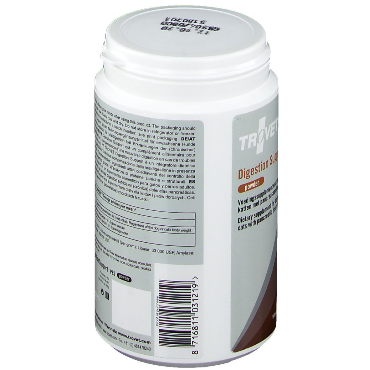 Rückseite der weißen Dose. Text in mehreren Sprachen. Enthält Informationen zur Verdauung und Inhaltsstoffen.