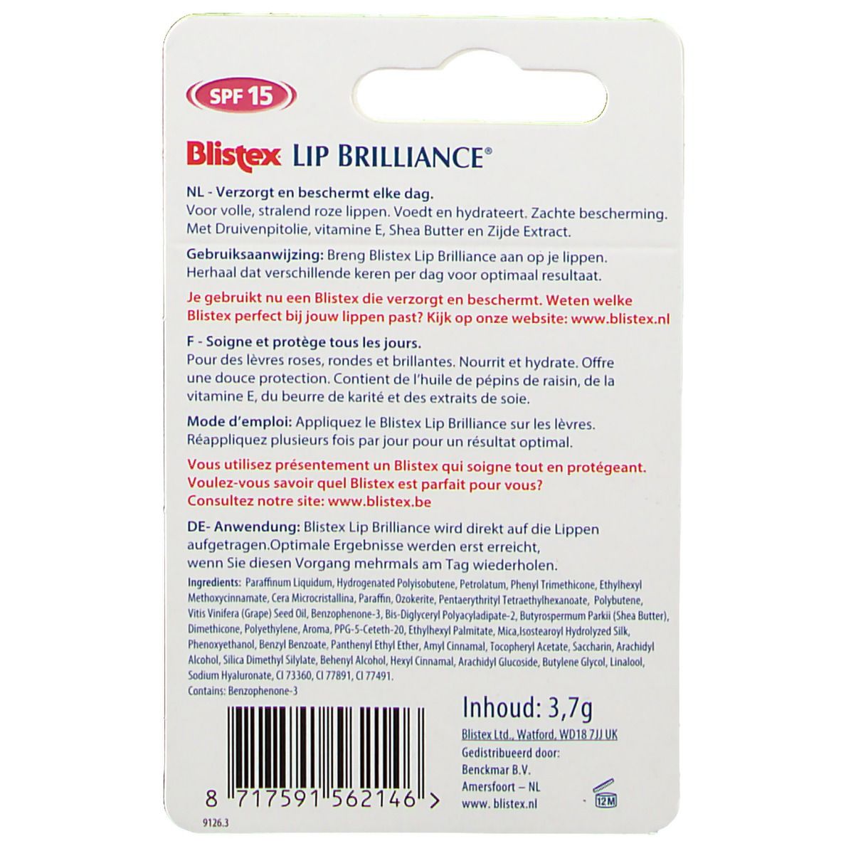 Achterkant verpakking Blistex Lip Brilliance. Bevat informatie over ingrediënten en gebruik. Met SPF 15.