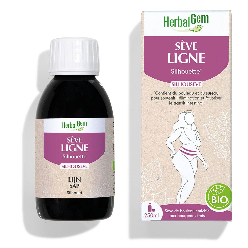 Flacon et boîte. Flacon avec bouchon blanc, liquide foncé. Boîte avec nom du produit, silhouette féminine, label bio.