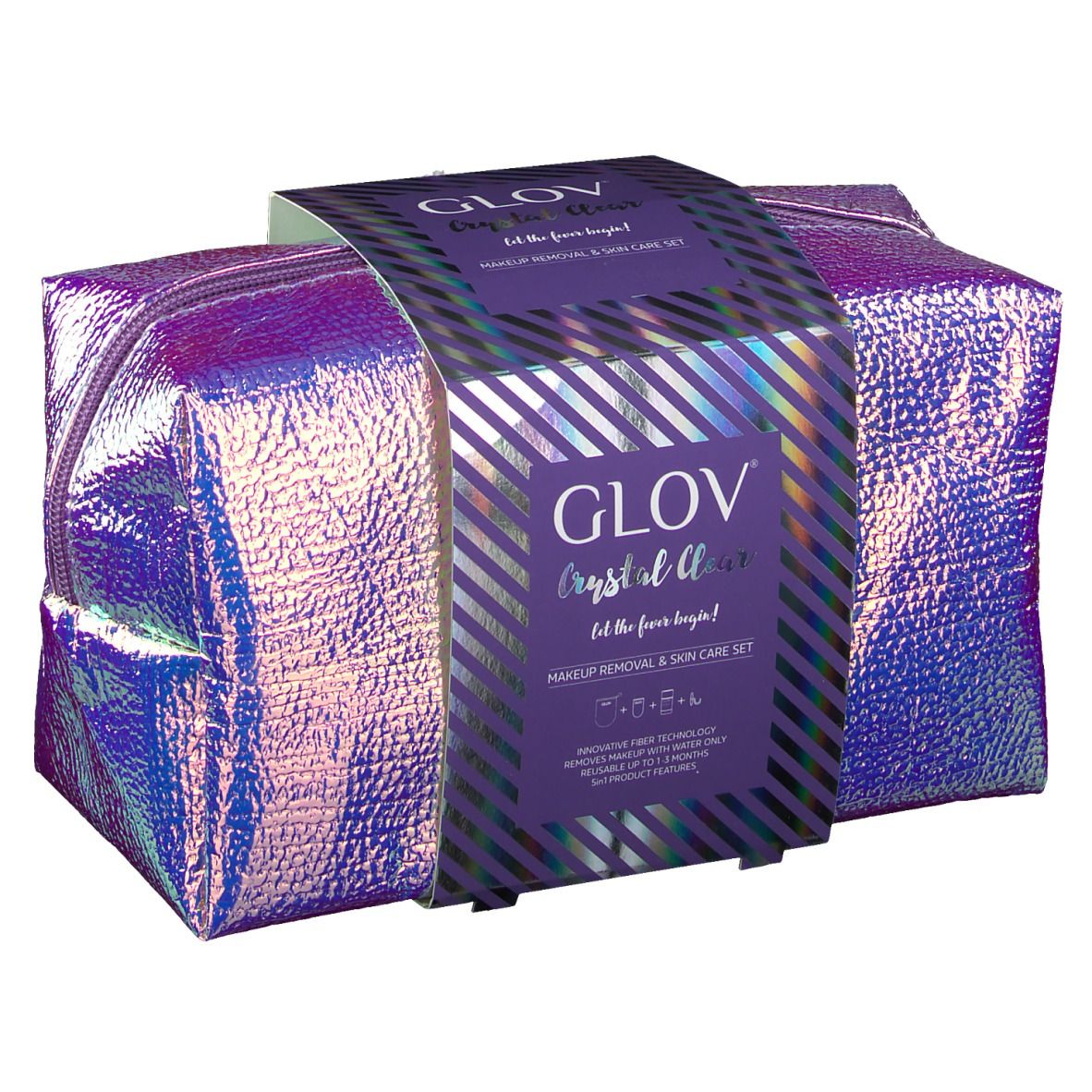 Trousse de maquillage holographique, entourée d'un emballage avec informations produit. Inscription : GLOV Crystal Clear.