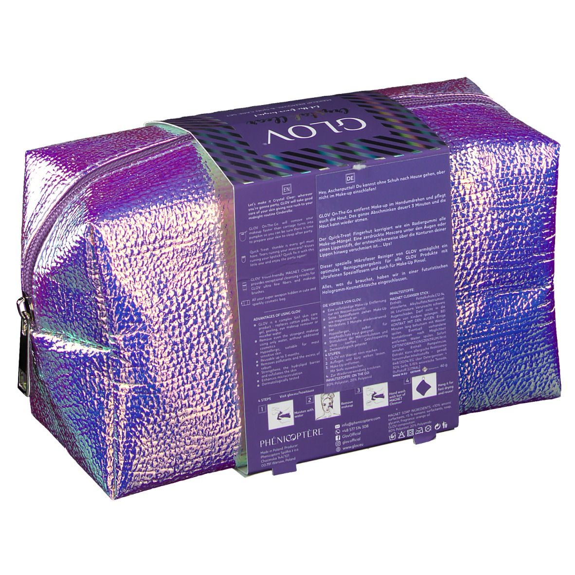 Dos de la trousse de maquillage holographique avec informations produit. Emballage avec texte et symboles.