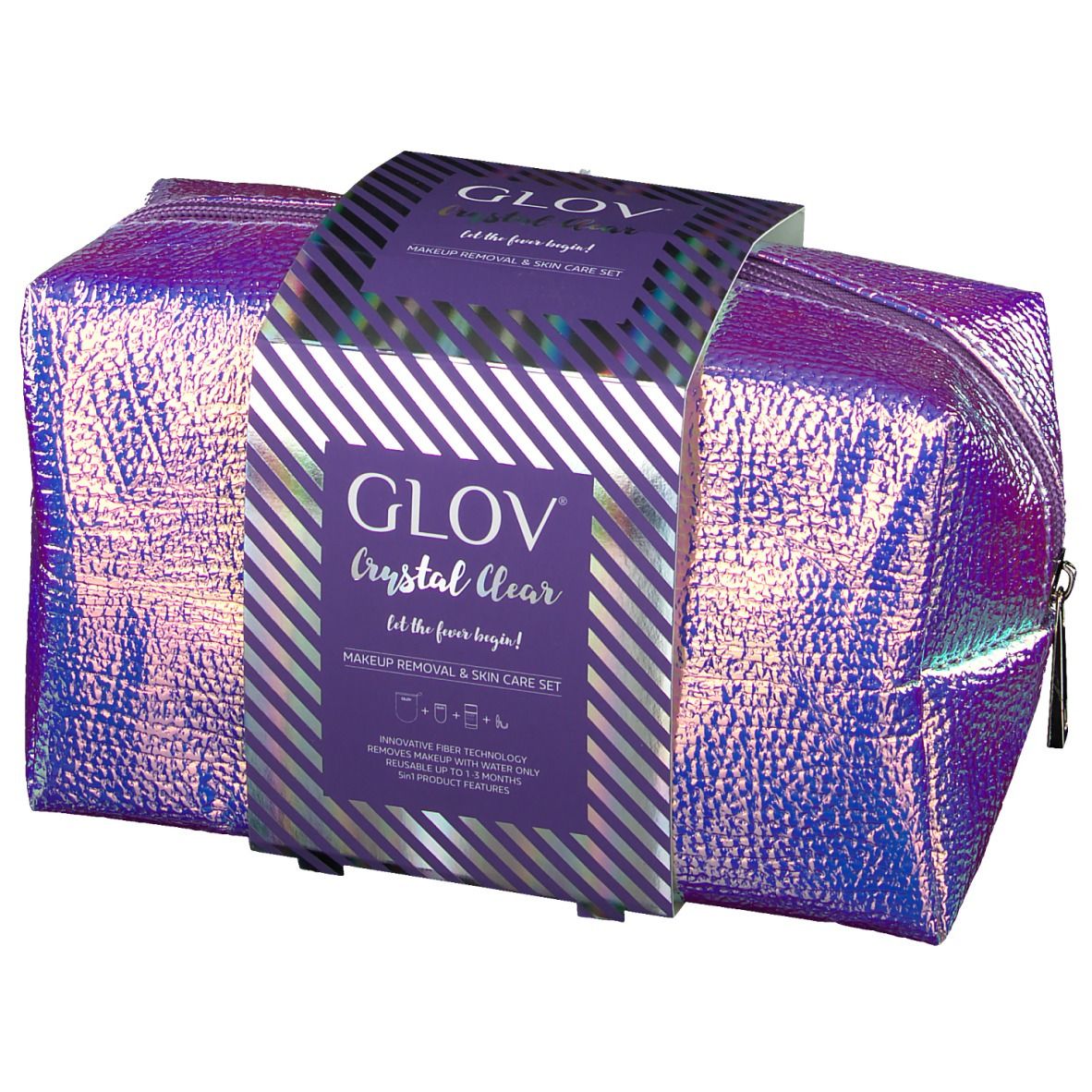 Trousse de maquillage holographique, entourée d'un emballage avec informations produit. Inscription : GLOV Crystal Clear.