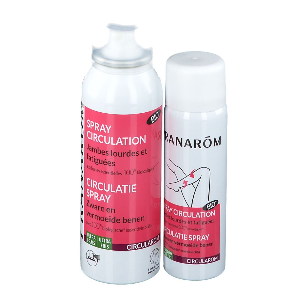 Twee witte sprays met rode tekst. Opschrift: Spray Circulation. BIO-certificering.