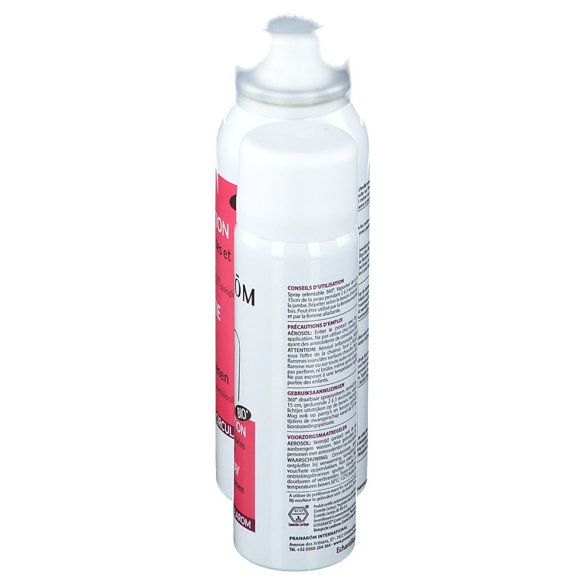 Twee witte sprays, achteraanzicht. Tekst en waarschuwingen op de etiketten. BIO-certificering.