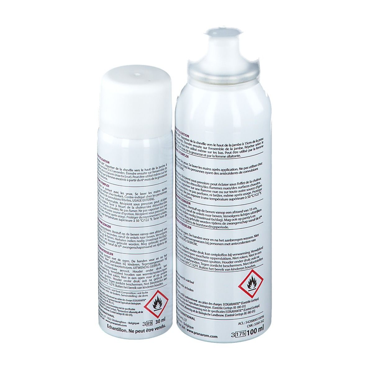 Twee witte sprays, achteraanzicht. Tekst en waarschuwingen op de etiketten. 100 ml en 30 ml.