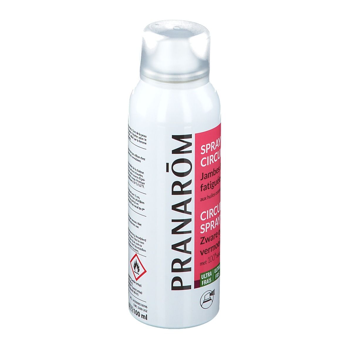 Witte spray met rode tekst. Opschrift: PRANAROM, Spray Circulation. 100 ml.