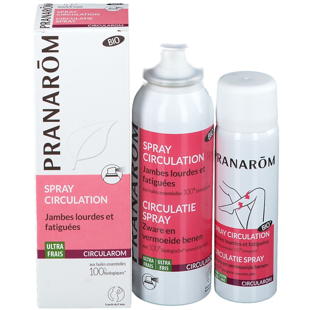 Verpakking en twee sprays. Opschrift: PRANAROM, Spray Circulation. BIO-certificering.