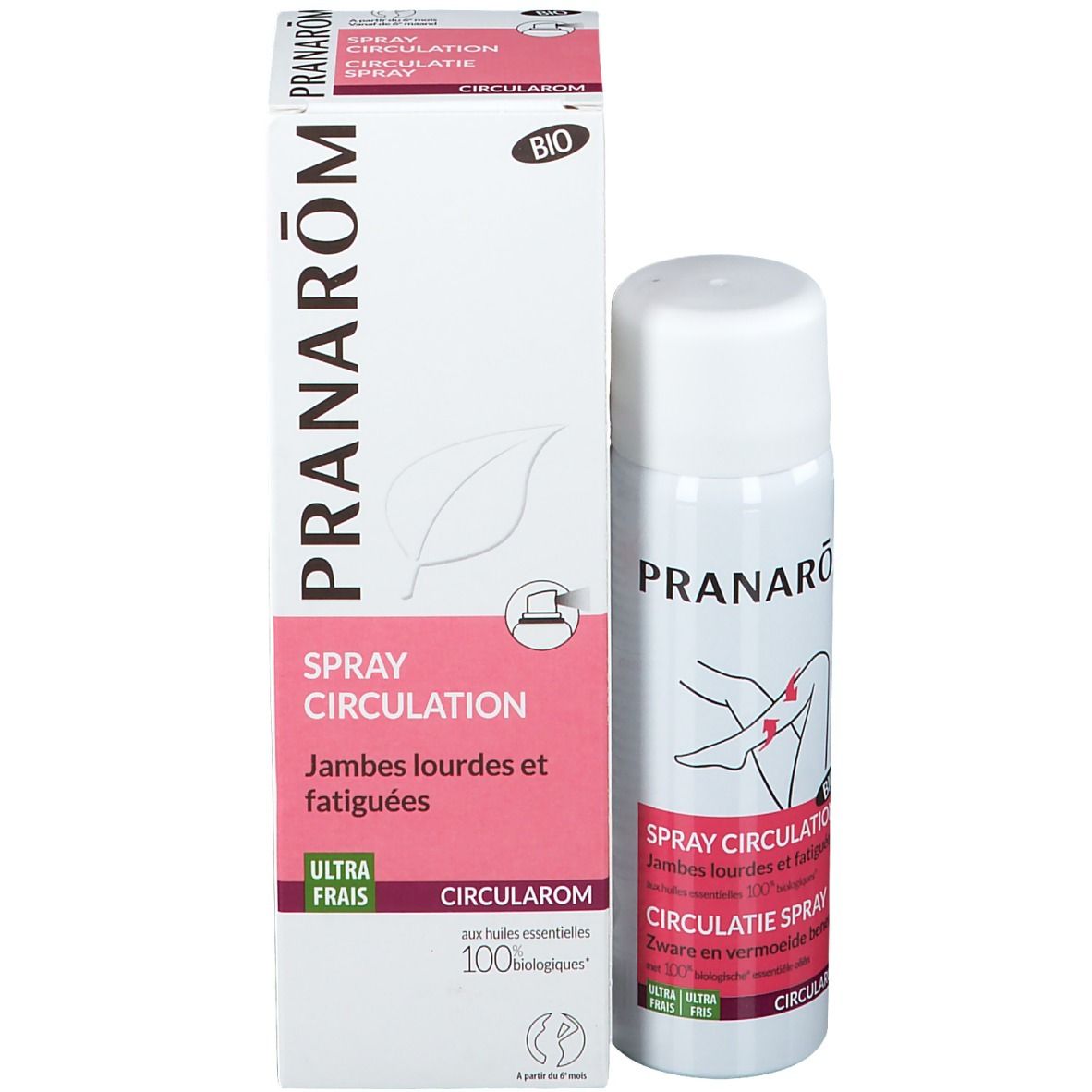 Verpakking en spray. Opschrift: PRANAROM, Spray Circulation. BIO-certificering.