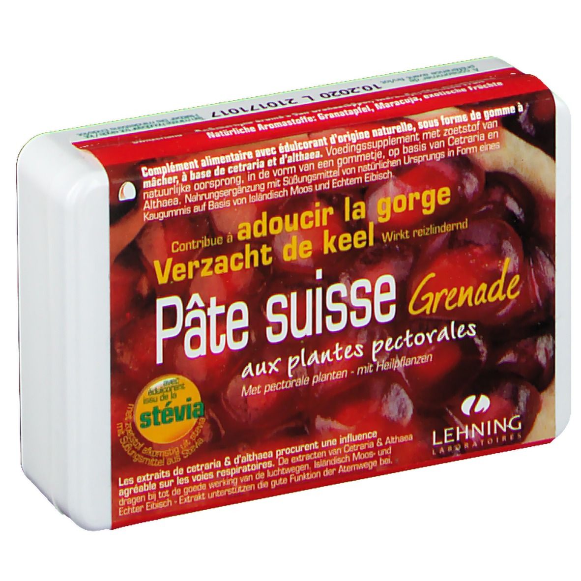 Verpackung von Pâte suisse Grenade. Rote und weiße Verpackung mit Produktnamen und Logo von Lehning Laboratoires.