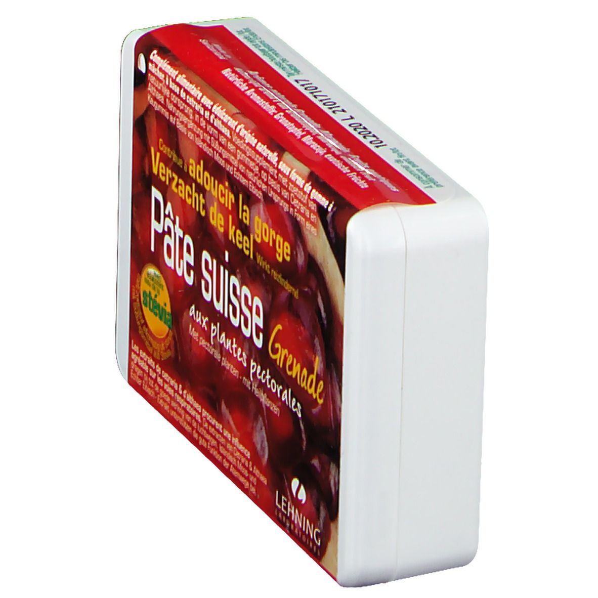 Schrägansicht der Pâte suisse Grenade Verpackung. Rote und weiße Verpackung mit Produktnamen und Logo.
