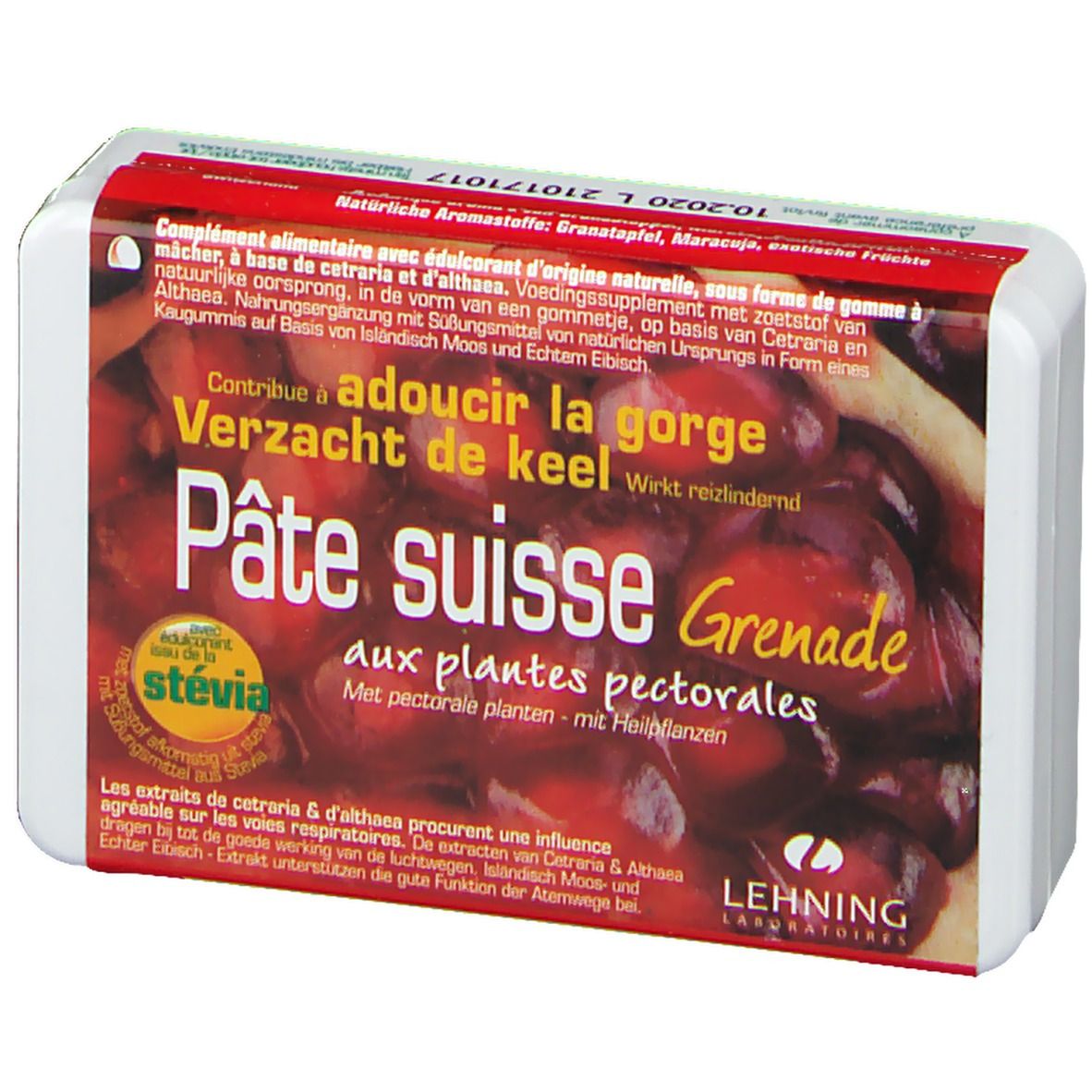 Pâte suisse Grenade Verpackung. Rote und weiße Verpackung mit Produktnamen und Logo von Lehning Laboratoires.