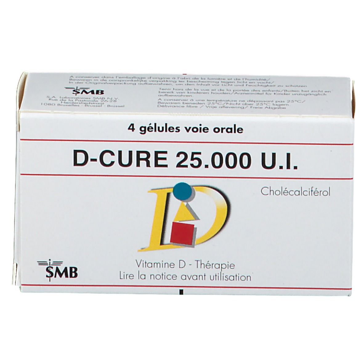 Doosje D-Cure 25.000 U.I. met 4 capsules. Logo en productinformatie gedrukt.