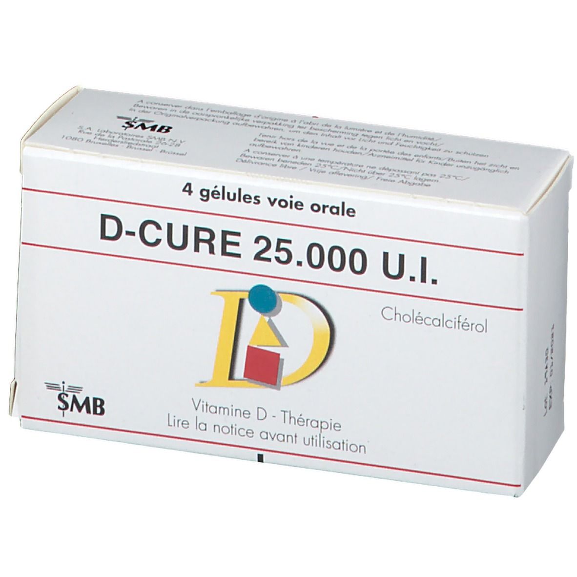Doosje D-Cure 25.000 U.I. met 4 capsules. Logo en productinformatie.