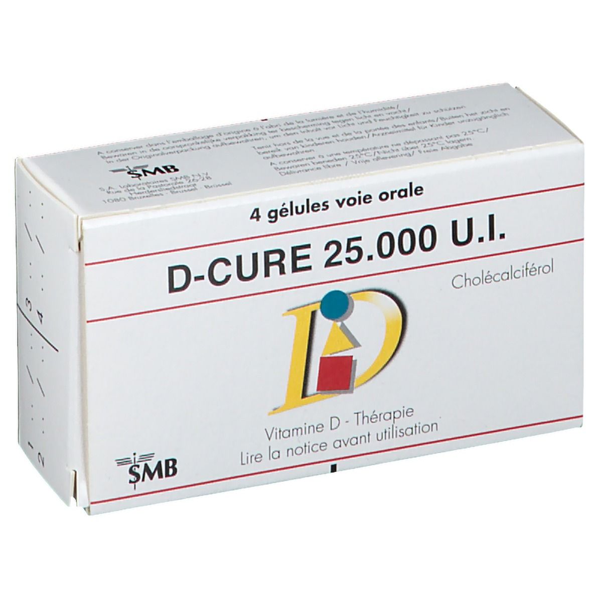 Doosje D-Cure 25.000 U.I. met 4 capsules. Logo en productinformatie.