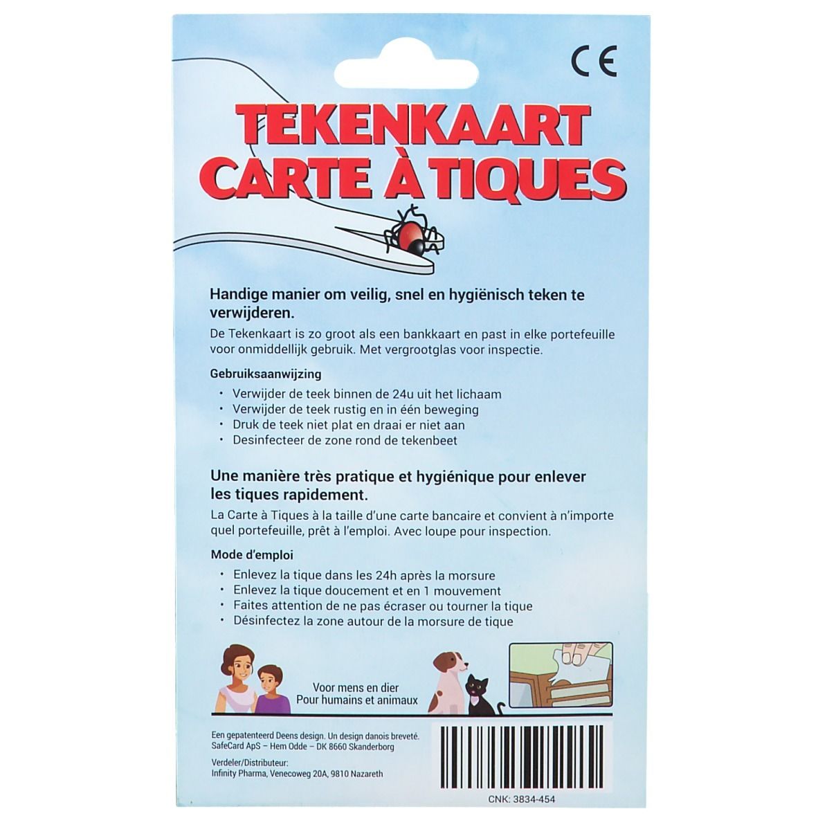 Rückseite der Zeckenkarte. Roter Schriftzug 'TEKENKAART CARTE À TIQUES'. Text in Deutsch und Französisch. CE-Kennzeichnung.