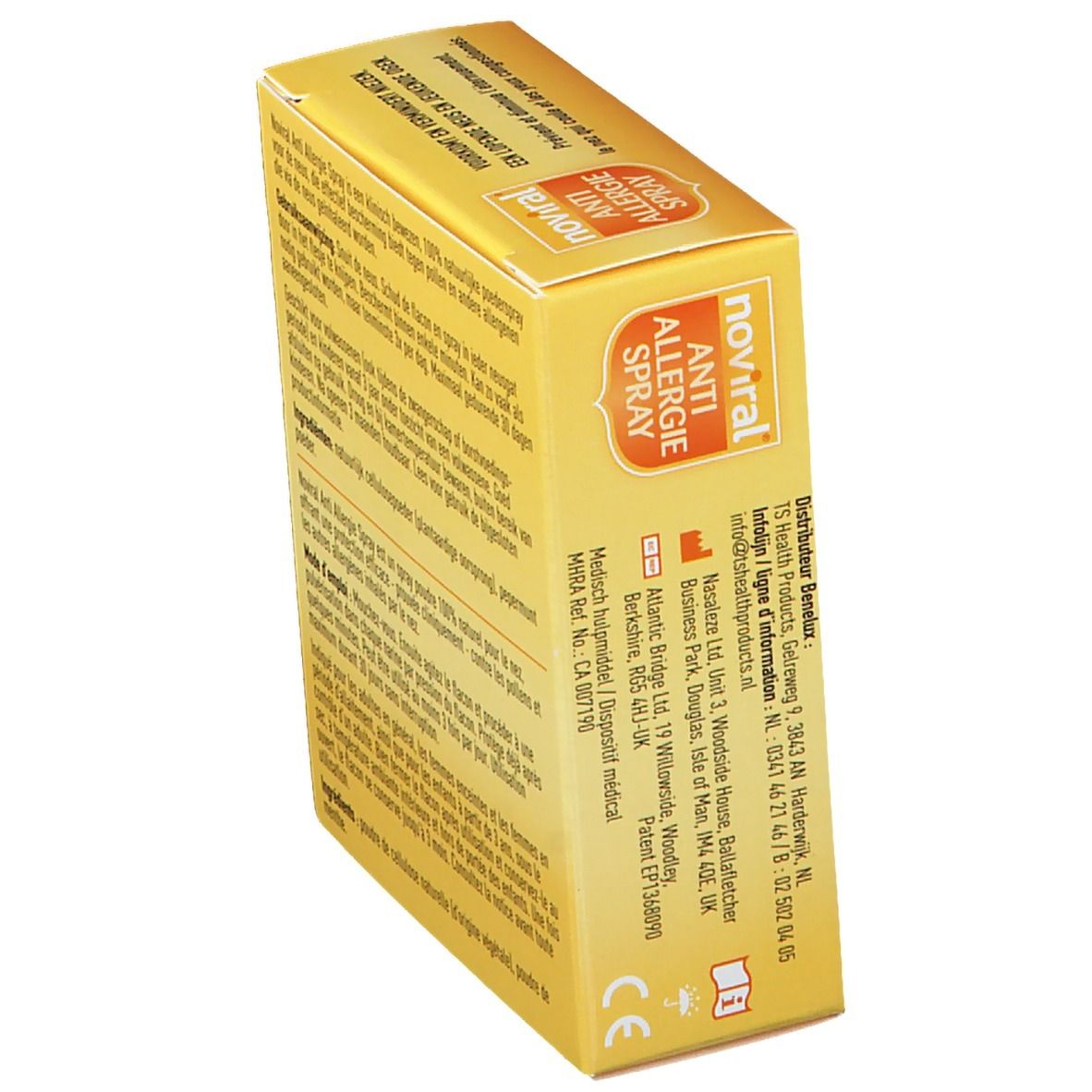 Boîte jaune avec texte. Logo "Noviral Anti Allergie Spray". Informations sur le fabricant et la distribution.