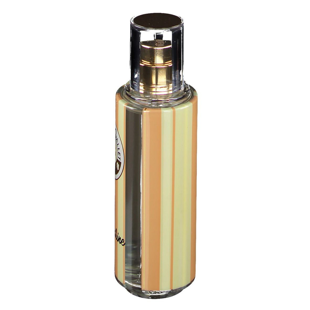 Zylindrische Flasche mit vertikalen Streifen. Goldfarbener Sprühkopf. Aufschrift 'Mandarine'.