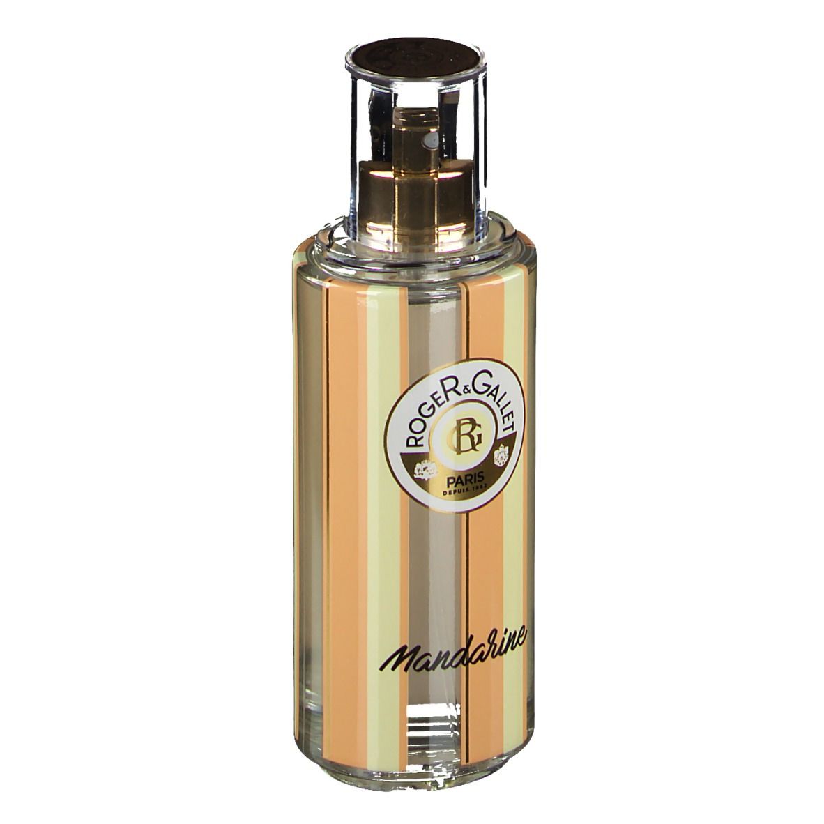 Zylindrische Flasche mit vertikalen Streifen. Goldfarbener Sprühkopf. Logo und Schriftzug 'Mandarine'.