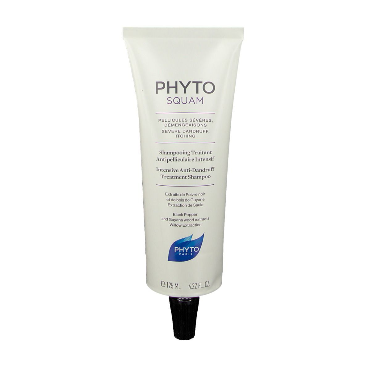 Tube blanc avec bouchon noir. Inscription: PHYTO SQUAM, Shampooing Traitant Antipelliculaire Intensif.