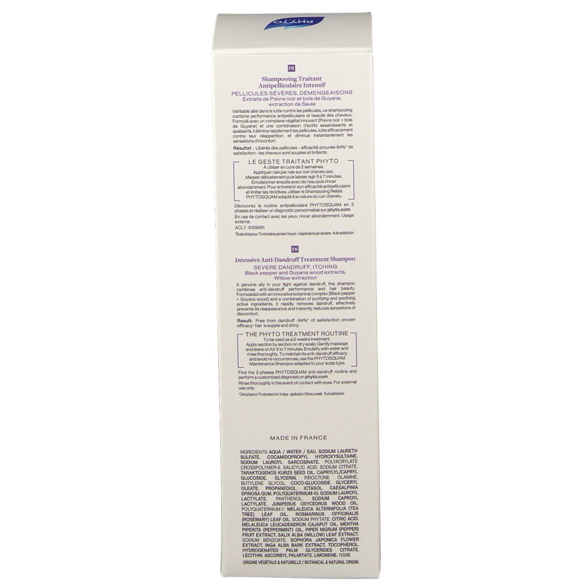 Boîte blanche. Texte en français. Inscription: Shampooing Traitant Antipelliculaire Intensif.