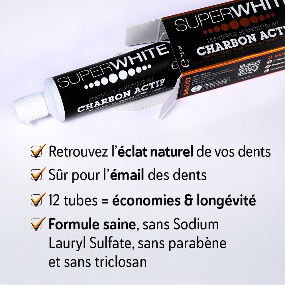 SUPER WHITE BLACK EDITION Zahnpasta Tube und geöffneter Karton.