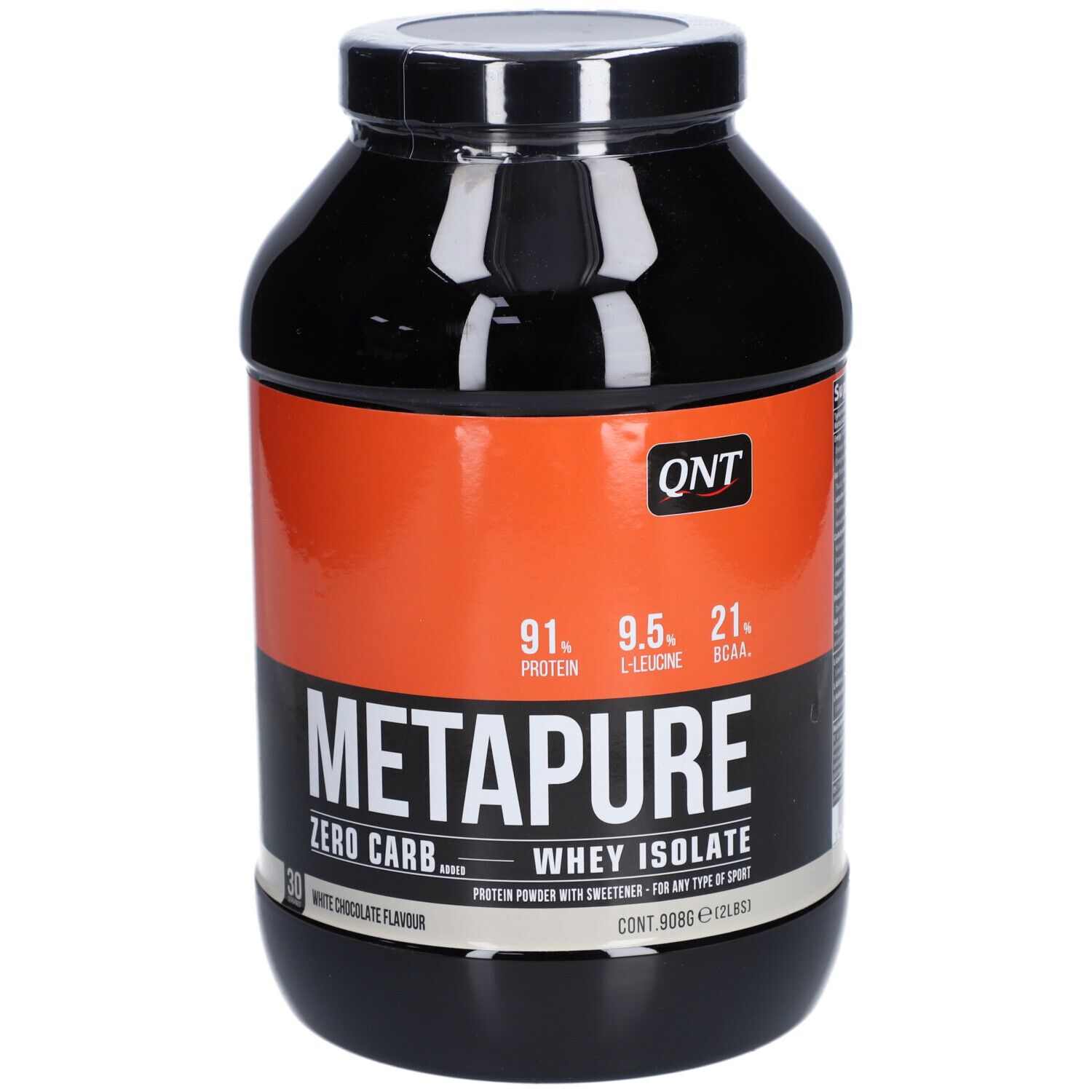Pot noir avec étiquette blanche. Inscription: QNT, METAPURE, Whey Isolate, Zero Carb. Contient 91% de protéines, 9,5% de L-Leucine, 21% de BCAA.