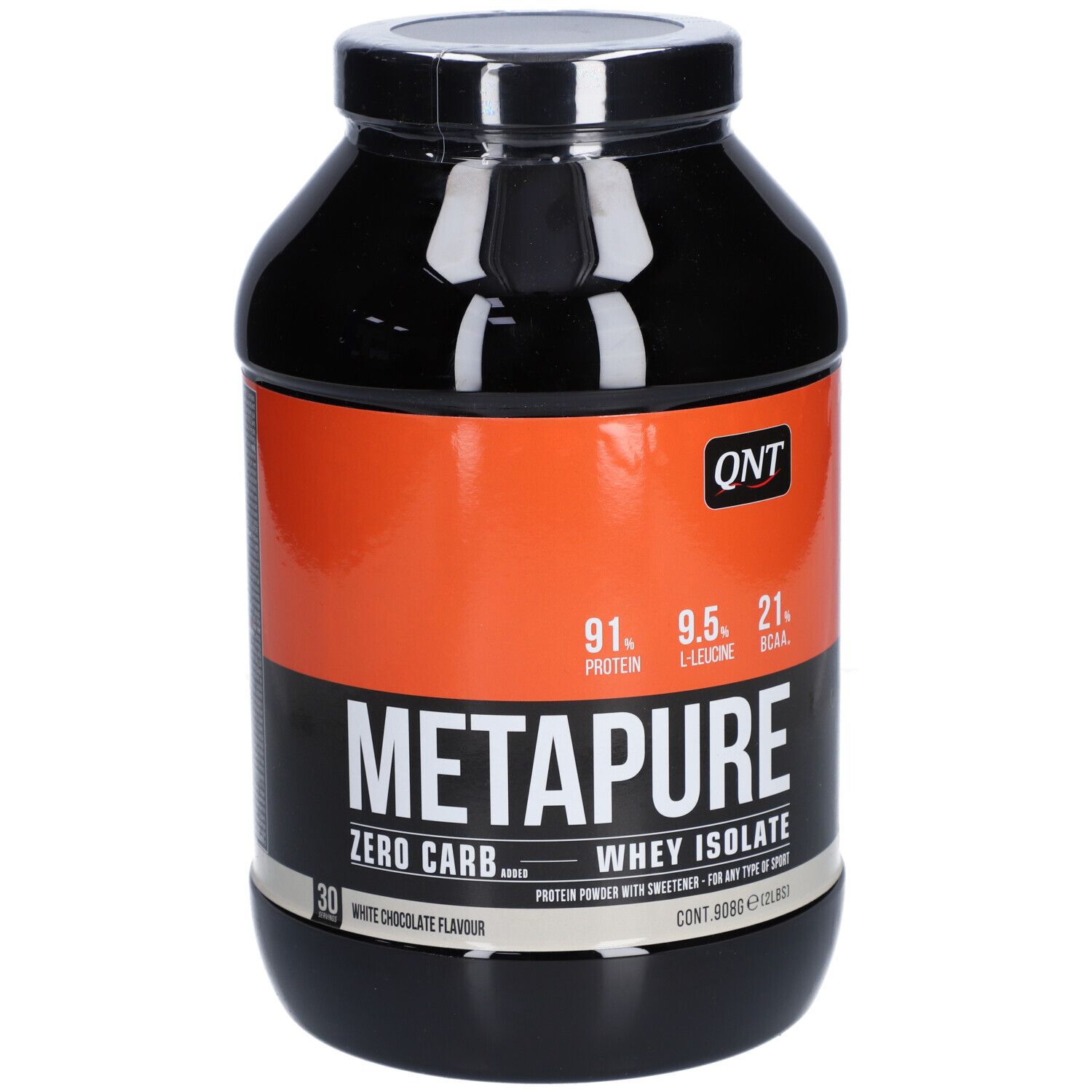 Pot noir avec étiquette blanche. Inscription: QNT, METAPURE, Whey Isolate, Zero Carb. Contient 91% de protéines, 9,5% de L-Leucine, 21% de BCAA.