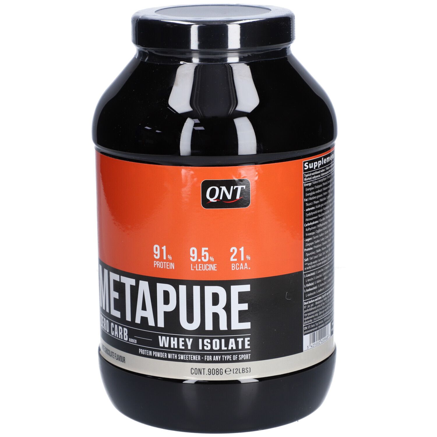 Pot noir avec étiquette blanche. Inscription: QNT, METAPURE, Whey Isolate, Zero Carb. Contient 91% de protéines, 9,5% de L-Leucine, 21% de BCAA.