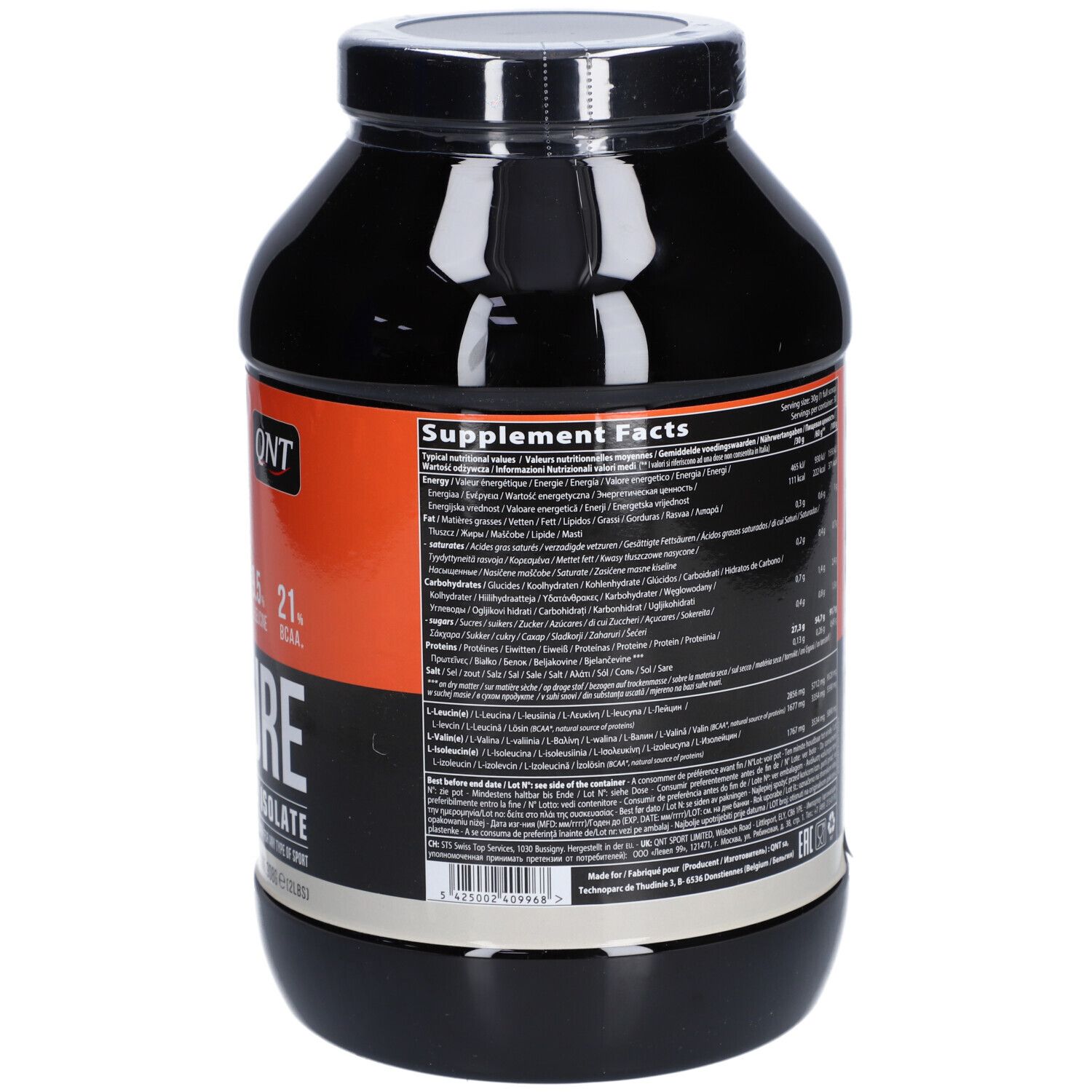 Pot noir avec étiquette blanche. Dos avec texte. Inscription: Supplement Facts. Contient des informations nutritionnelles.