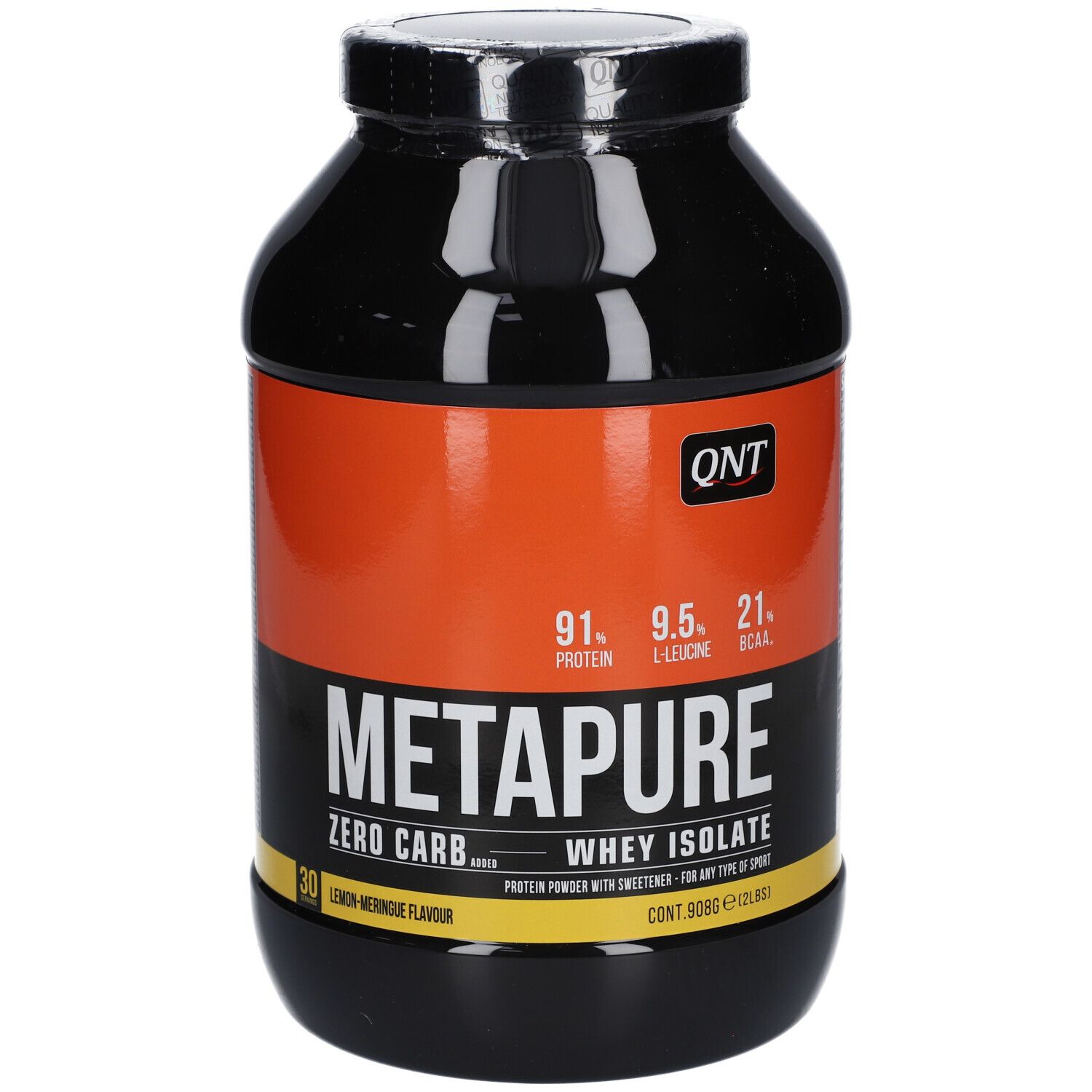 Boîte noire avec étiquette orange. Inscription: METAPURE, Whey Isolate, 91% protéines, saveur citron-meringue.