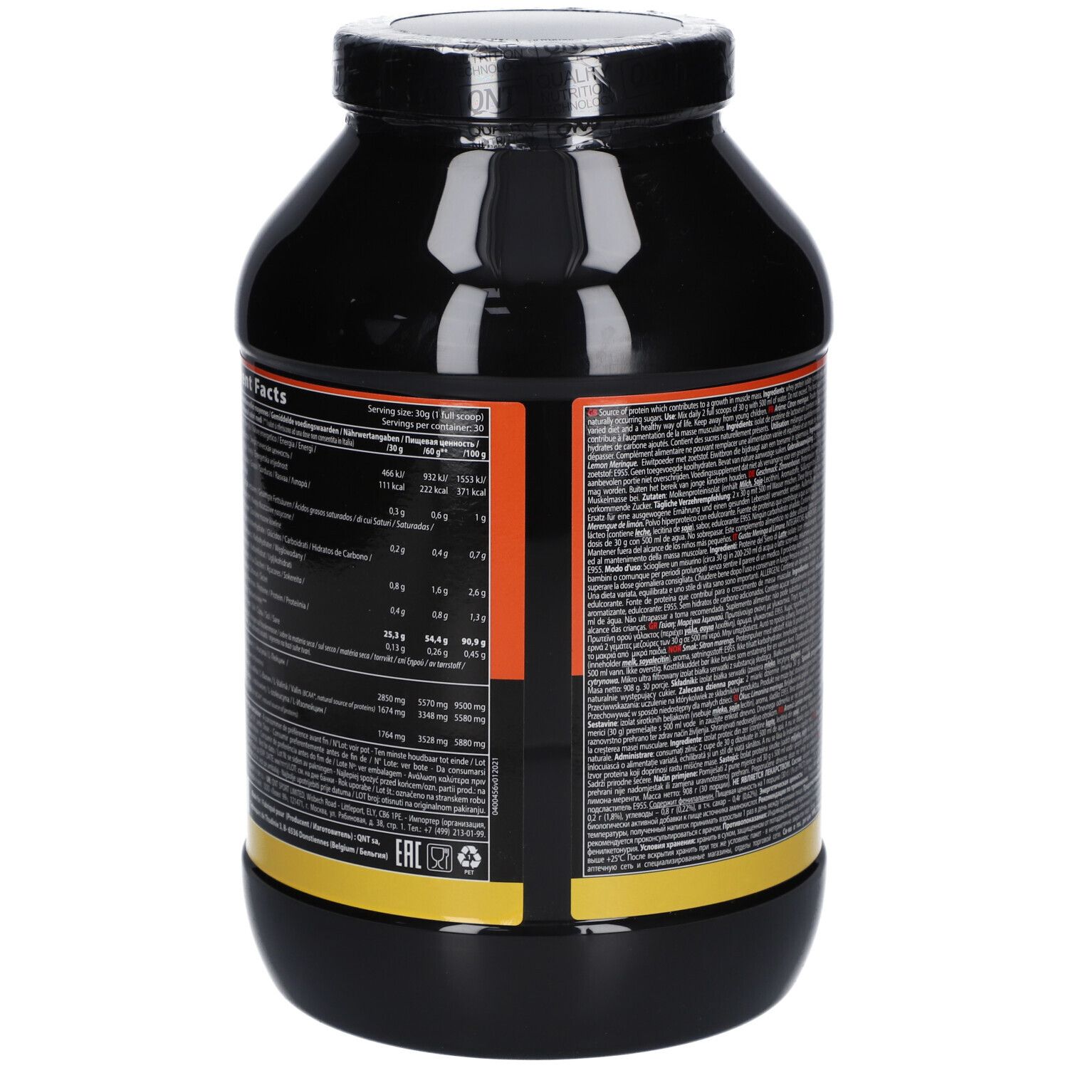 Boîte noire, dos avec informations nutritionnelles. Contient des informations sur les protéines, glucides et lipides.