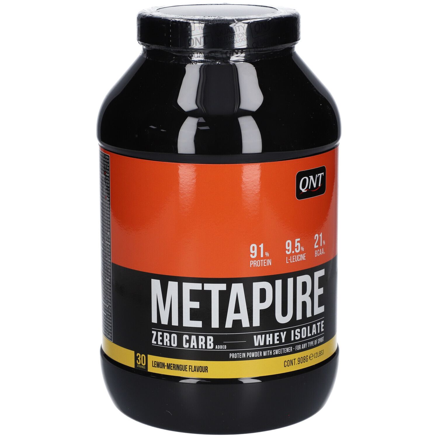 Boîte noire avec étiquette orange. Inscription: QNT, METAPURE, Whey Isolate, saveur citron-meringue.