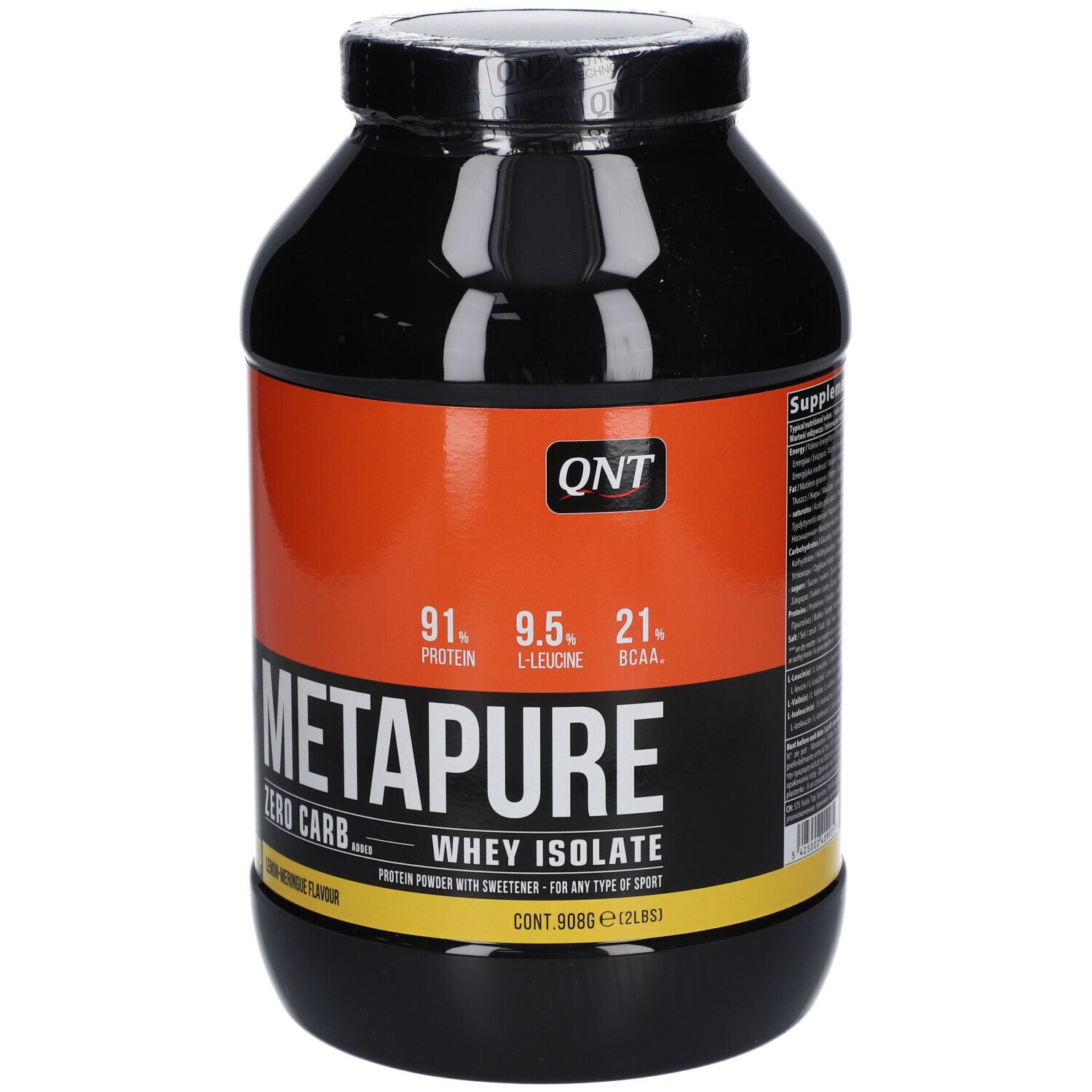 Boîte noire avec étiquette orange. Inscription: QNT, METAPURE, Whey Isolate, 908g (2lbs).