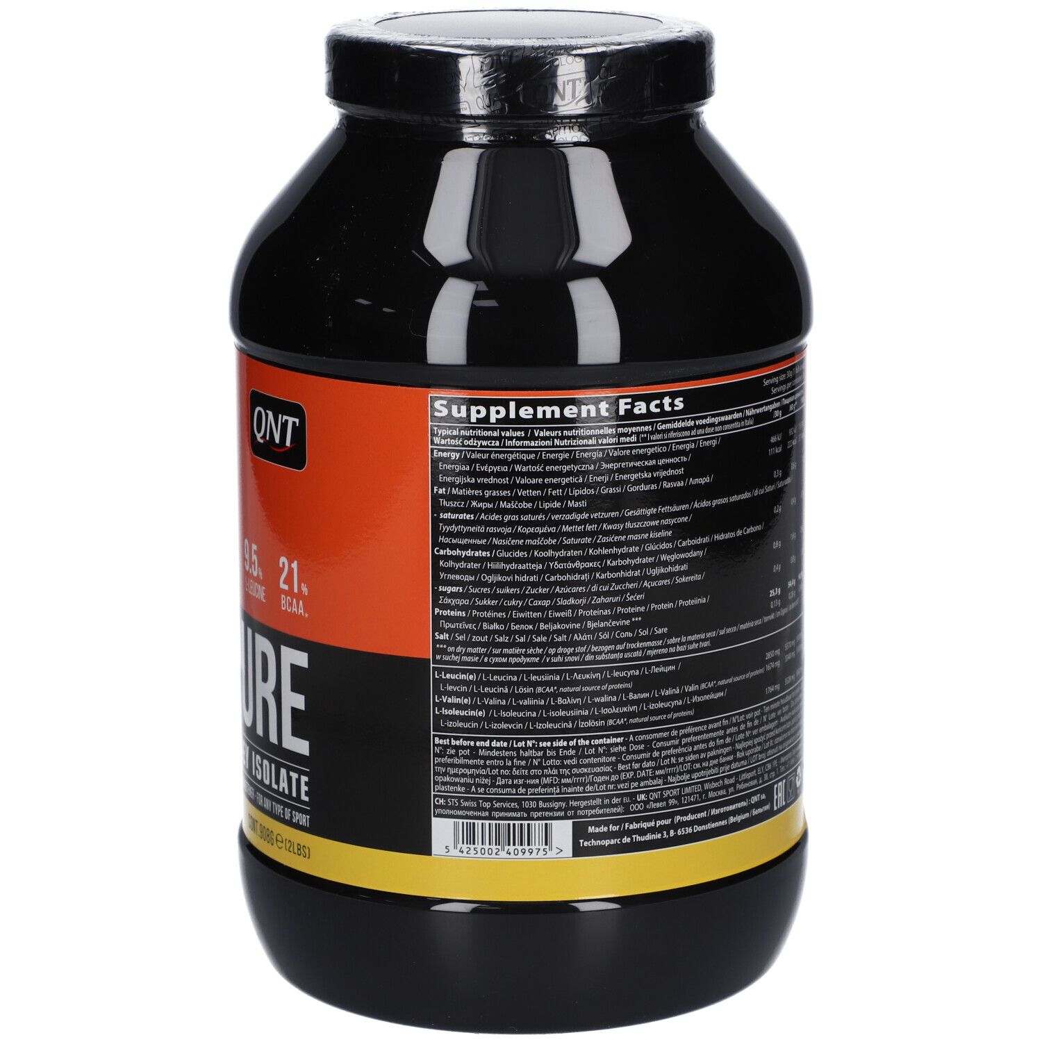 Boîte noire, dos avec informations nutritionnelles. Contient des informations sur les protéines, glucides et lipides.