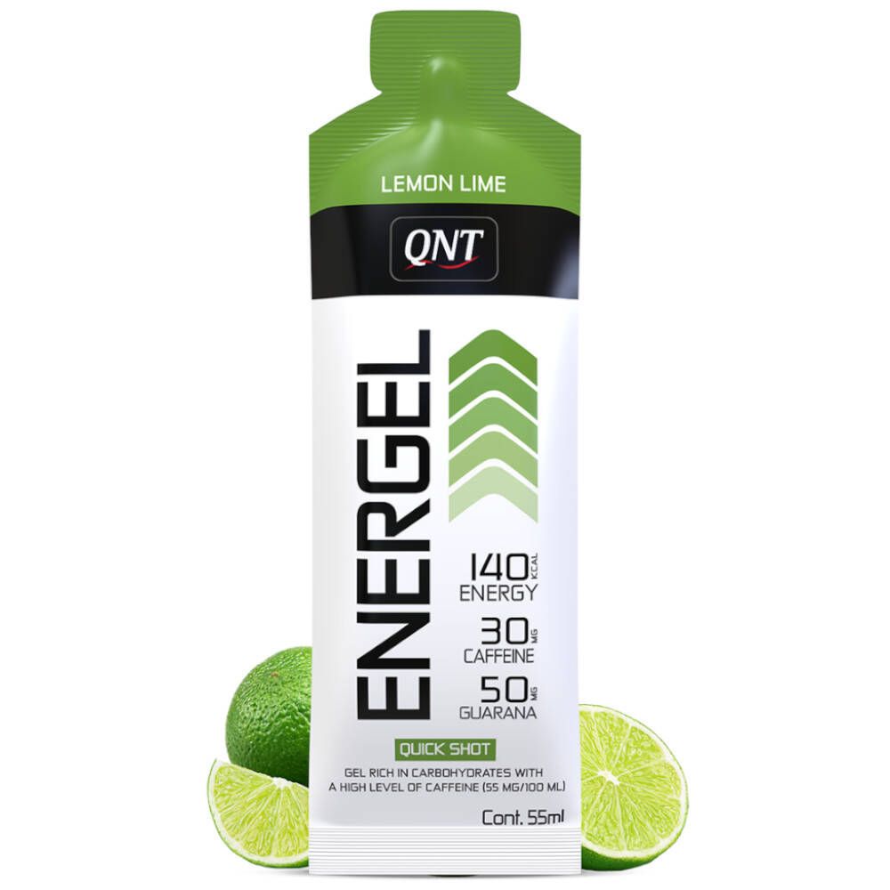 Sachet QNT Energel Quick Boost, Lemon Lime. Contient 140 kcal, 30 mg caféine, 50 mg guarana. Avec moitiés de citron vert.
