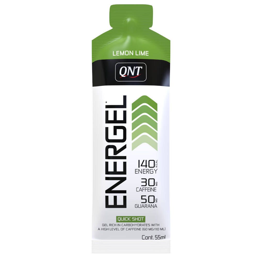 Sachet QNT Energel Quick Boost, Lemon Lime. Contient 140 kcal, 30 mg caféine, 50 mg guarana. Inscription: Quick Shot.