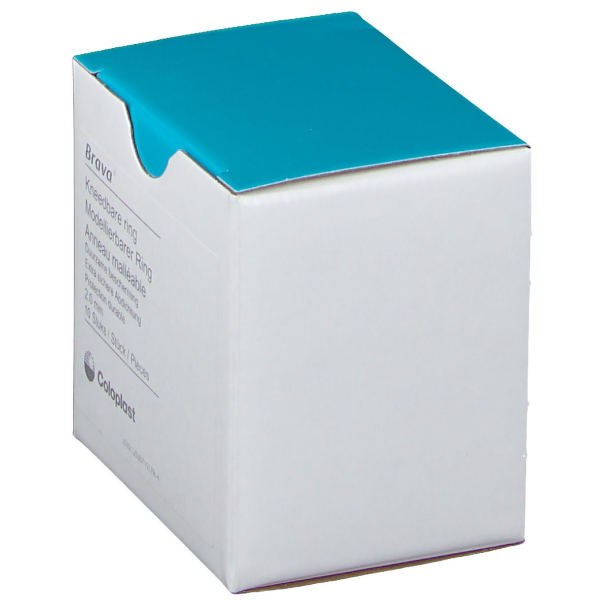 Boîte Brava. Anneau malléable, 2,0 mm, 10 pièces. Couvercle bleu. Logo Coloplast.