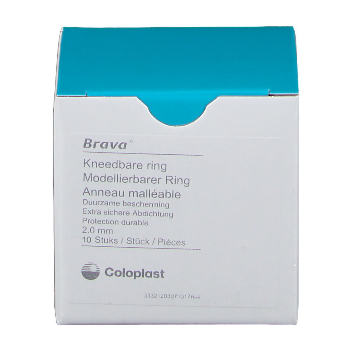 Boîte Brava. Anneau malléable, 2,0 mm, 10 pièces. Couvercle bleu. Logo Coloplast.