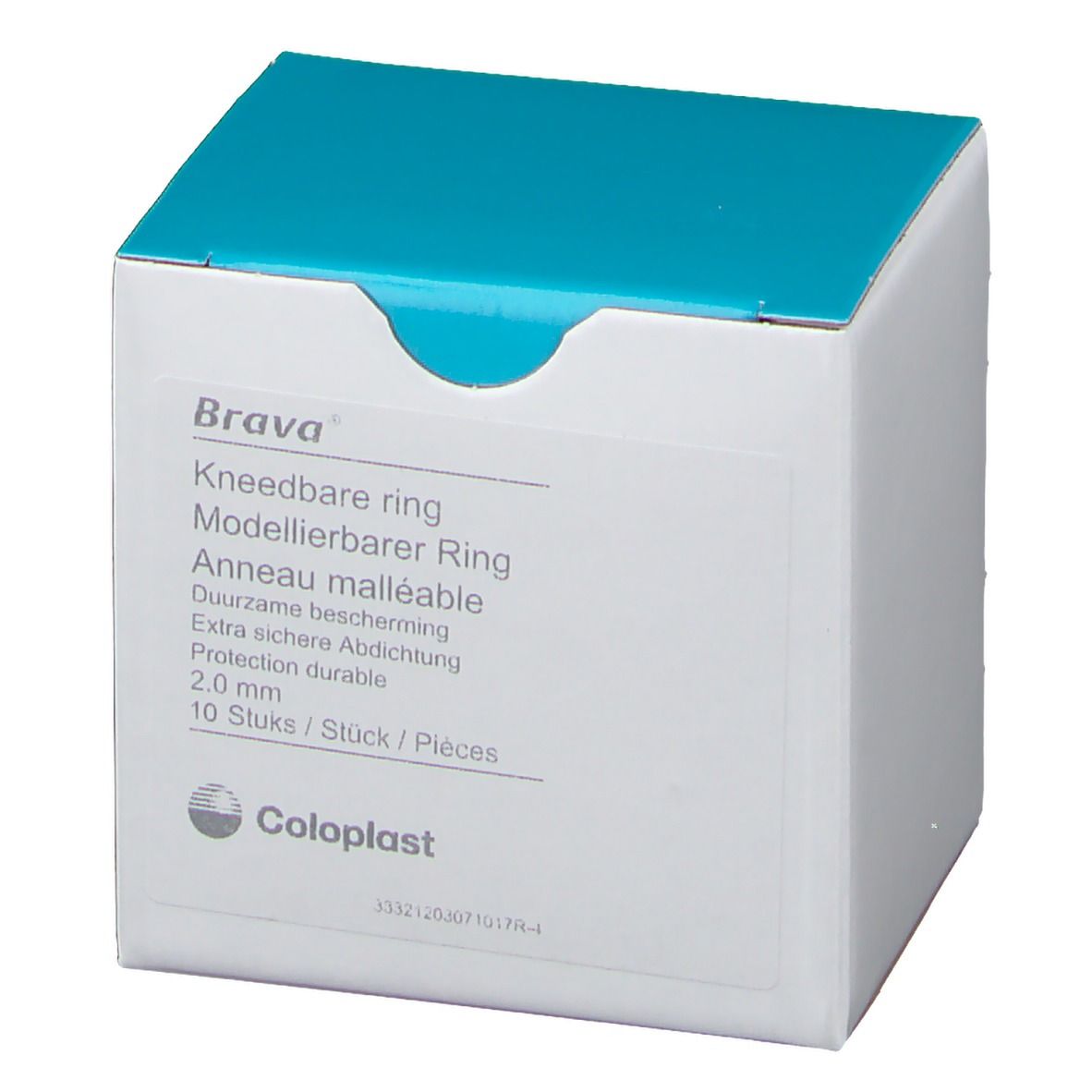 Boîte Brava. Anneau malléable, 2,0 mm, 10 pièces. Couvercle bleu. Logo Coloplast.