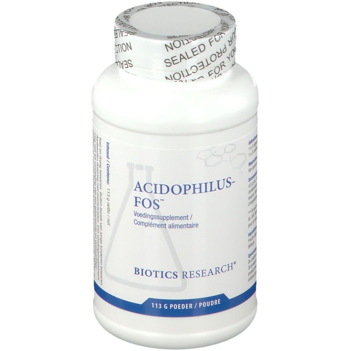 Flacon blanc avec texte ACIDOPHILUS-FOS. Logo BIOTICS RESEARCH. 113 g de poudre. Bouchon scellé.