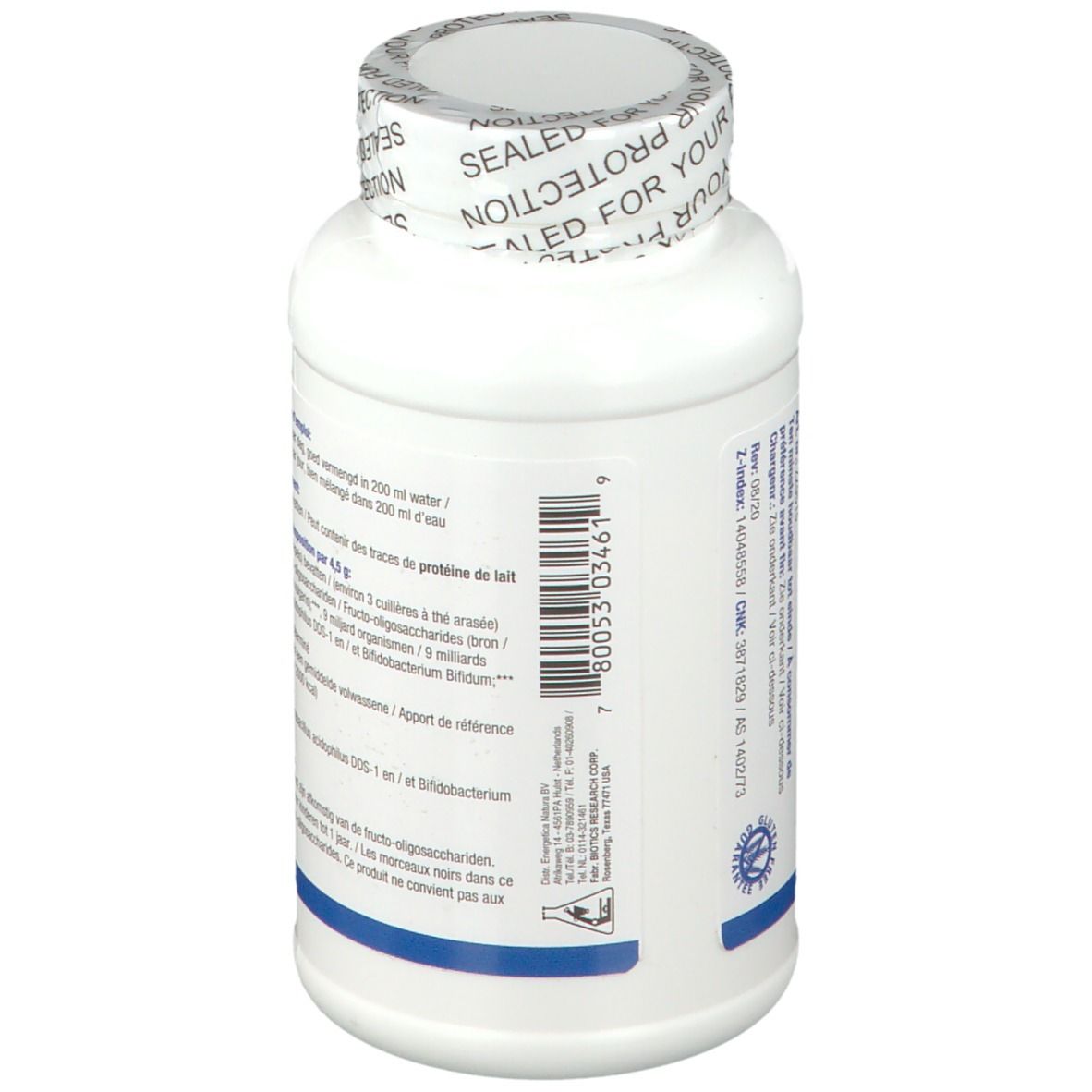 Dos d'un flacon blanc. Texte avec informations sur le contenu et le fabricant. Code-barres et sceau.