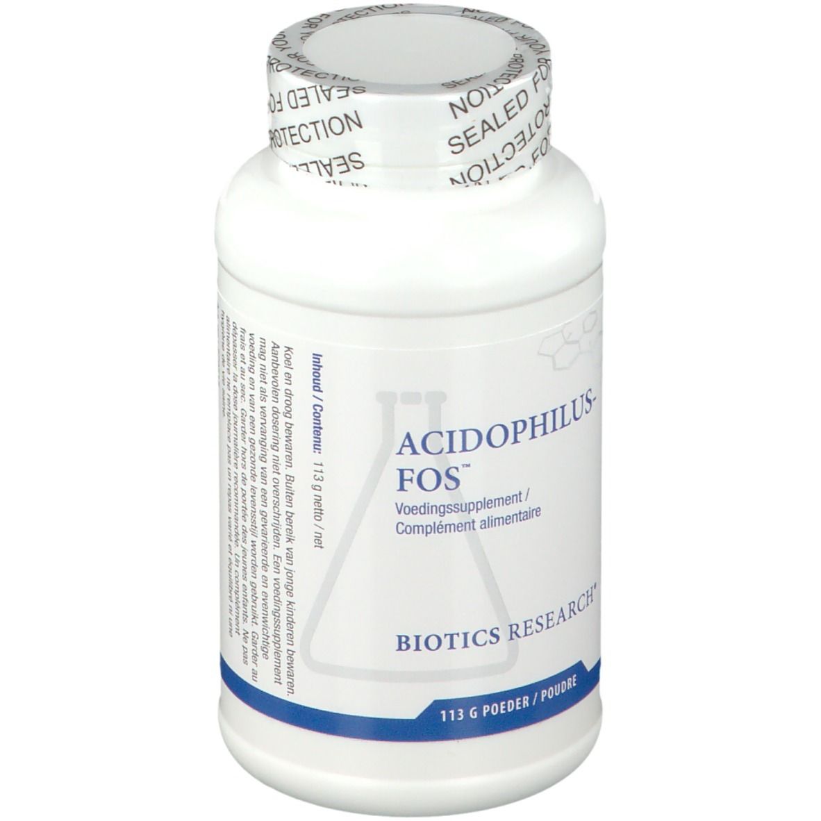 Flacon blanc avec texte ACIDOPHILUS-FOS. Logo BIOTICS RESEARCH. 113 g de poudre. Bouchon scellé.
