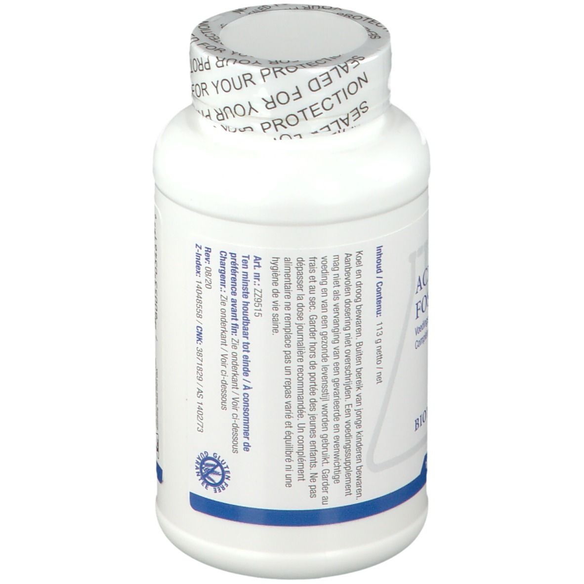 Dos d'un flacon blanc. Texte avec informations sur le contenu et le fabricant. Sceau.