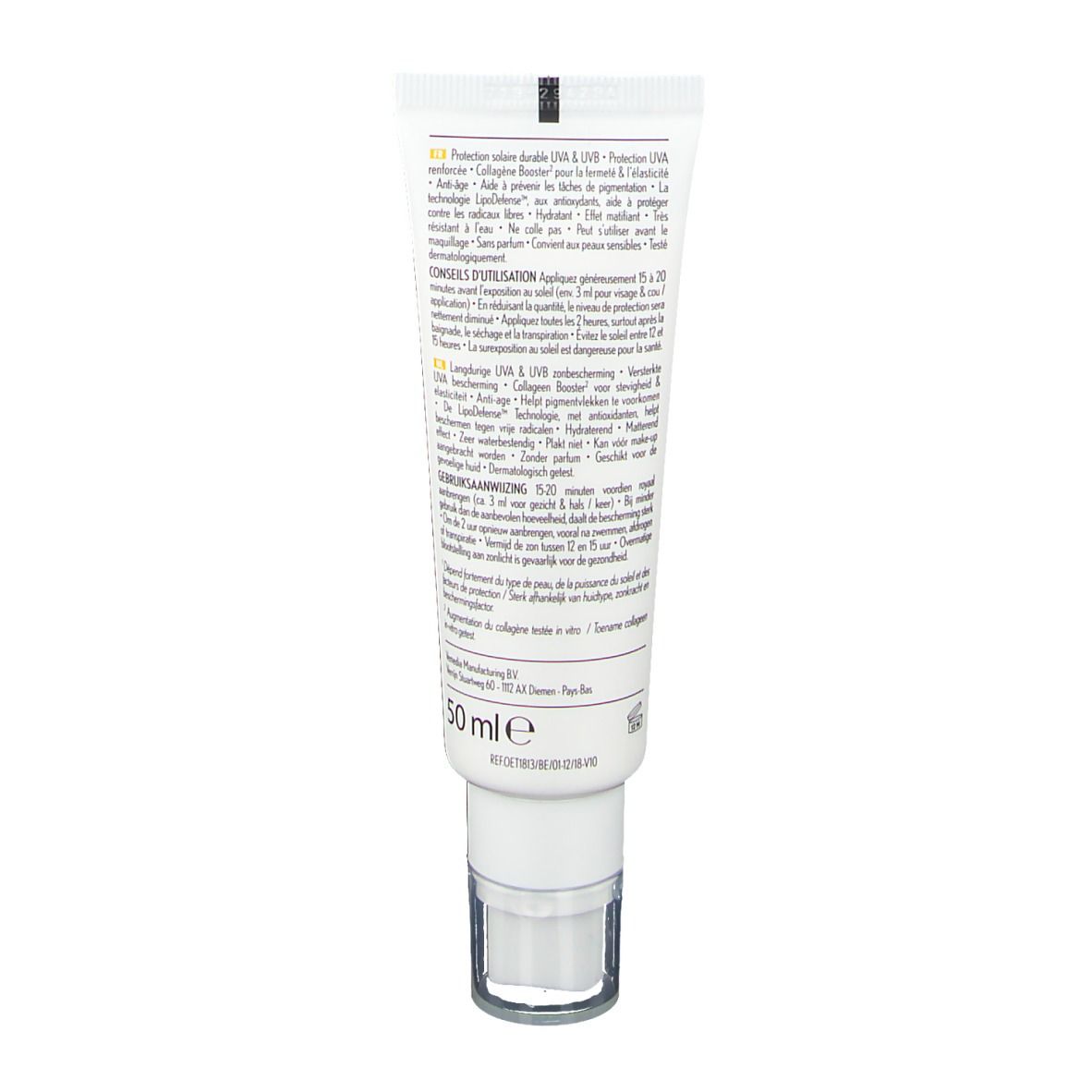 Achterkant van de OENOBIOL Solaire Intensif Crème LSF 50+ tube. Tekstinformatie in verschillende talen.