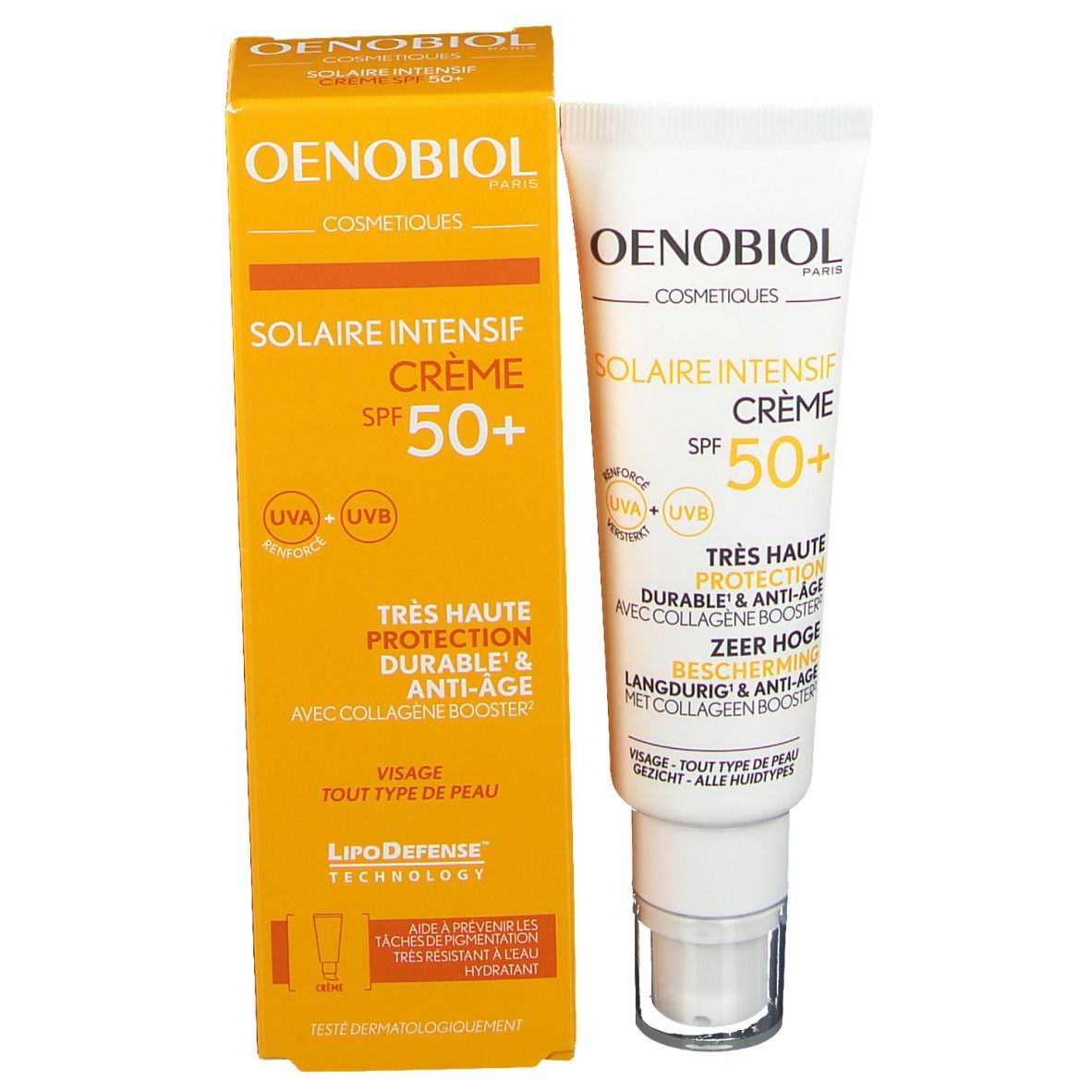 OENOBIOL Solaire Intensif Crème LSF 50+ tube en verpakking. Gele verpakking met productinformatie.