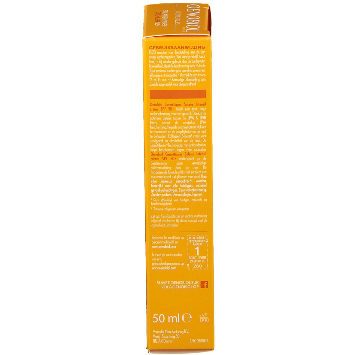 Zijaanzicht van de gele verpakking van OENOBIOL Solaire Intensif Crème LSF 50+. Tekstinformatie.