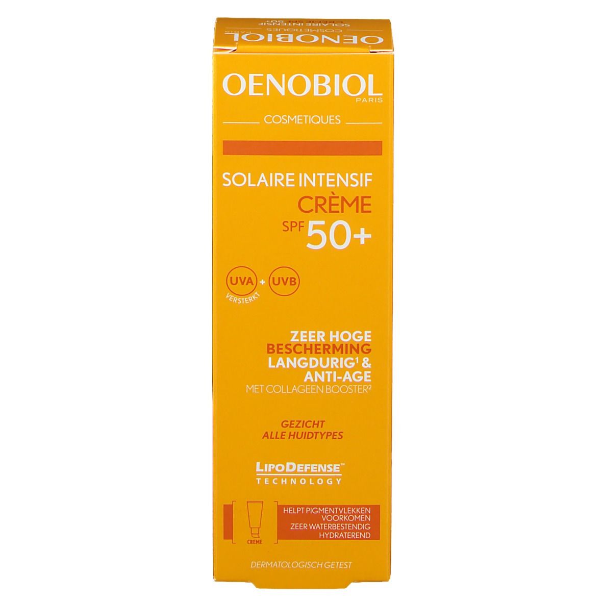 Voorkant van de gele verpakking van OENOBIOL Solaire Intensif Crème LSF 50+. Productinformatie.