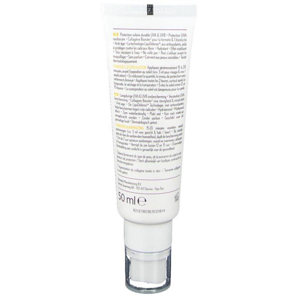 Achterkant van de crèmetube. Meertalige tekst. 50 ml. Gebruiks- en ingrediënteninformatie.