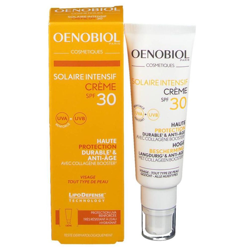 OENOBIOL Solaire Intensif Crème SPF 30, tube en doos. Hoge bescherming, duurzaam & anti-age.